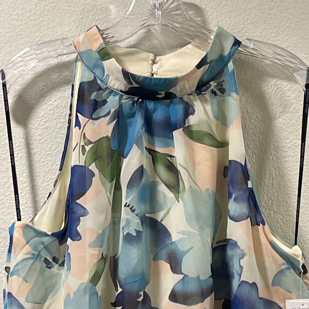 JULIA JORDAN Halter Chiffon Lined Maxi Dress Tiered Full Skirt Floral Blue 14 - Picture 7 of 11